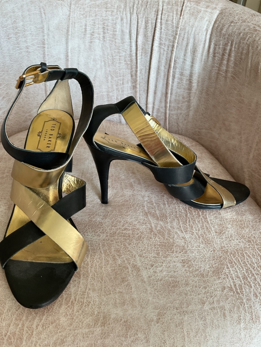 Ted Baker Black and Gold Strappy Stiletto Sandals